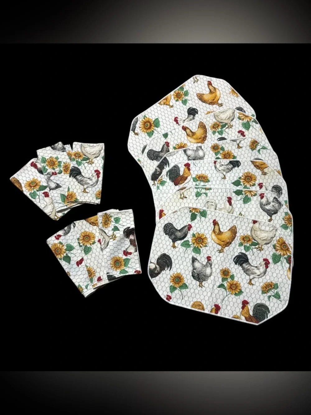 Vintage Sharon Kessler Farmhouse Chicken Sunflower Table Placemats & Napkin Set